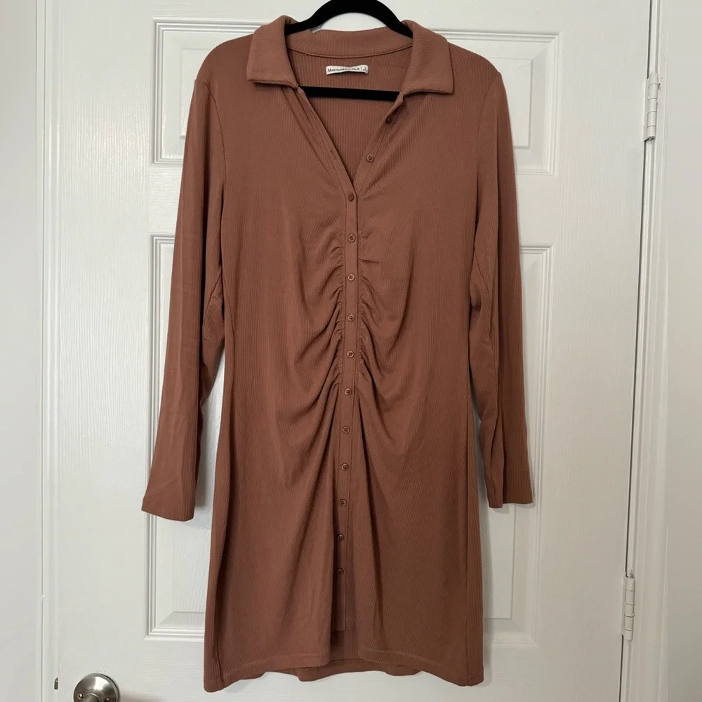 Abercrombie Ruched Long Sleeve Button Front Mini Dress size L - Picture 1 of 6